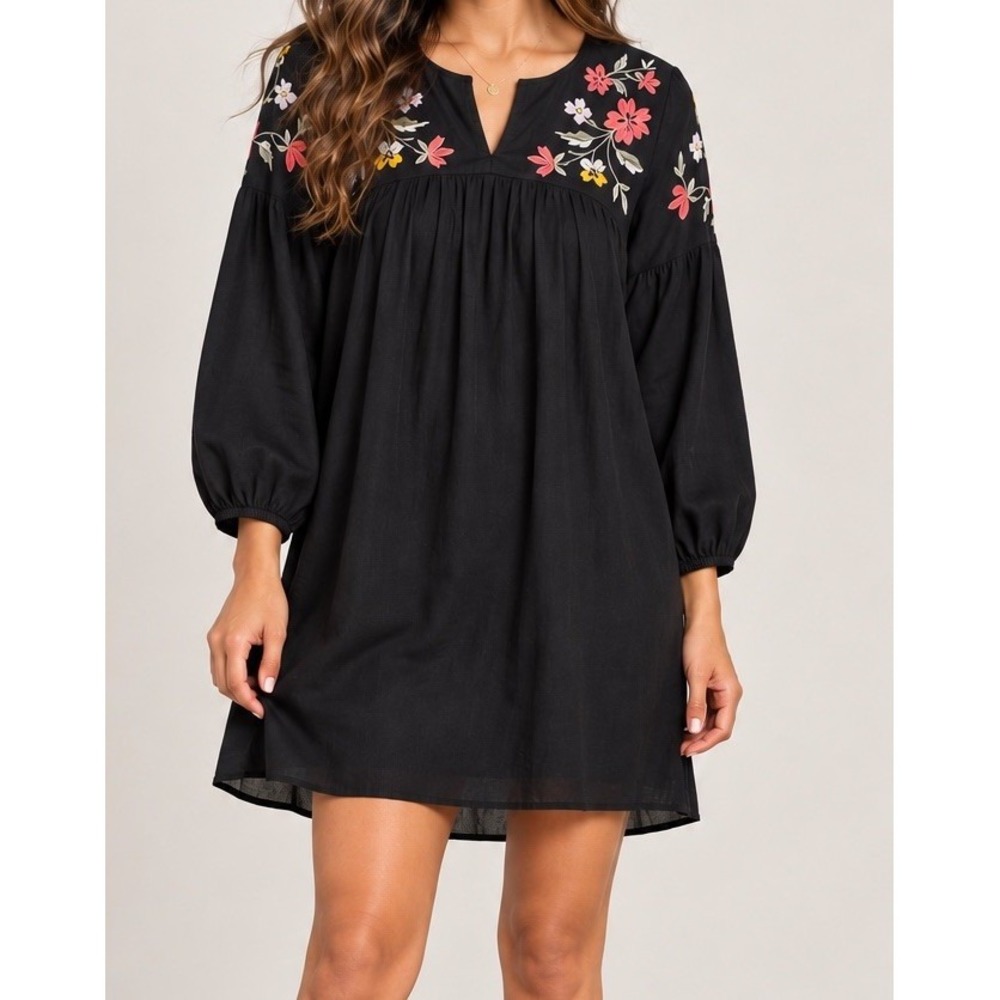 Old Navy Womens Floral Embroidered Balloon Sleeve Shift Dress Size S Black Boho